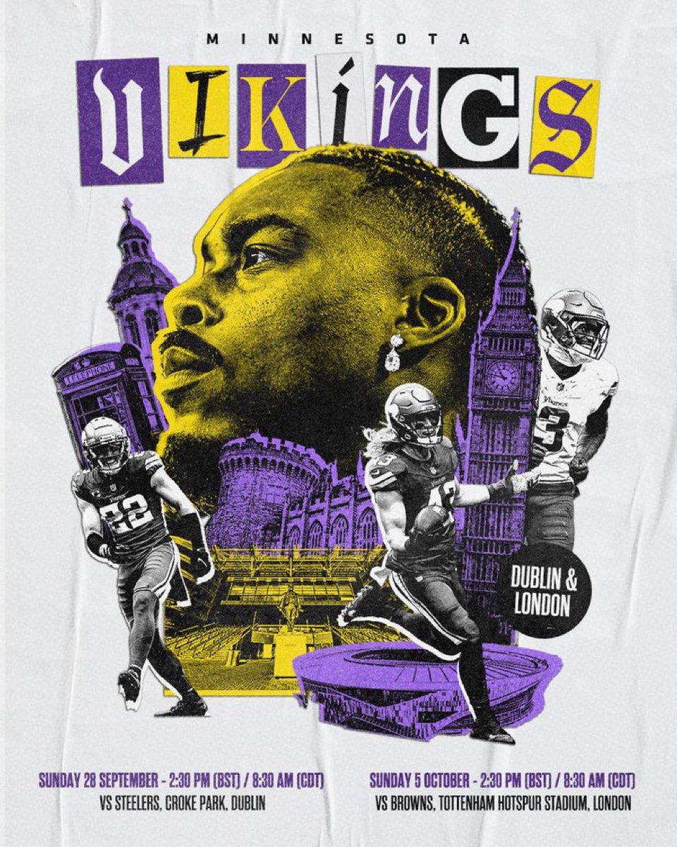 Minnesota will become the first NFL team to play in back-to-back international games in different countries, facing the Steelers in the first-ever regular-season NFL game in Dublin, Ireland, on Sunday, Sept. 28. The Vikings then will travel to London, England, to play the