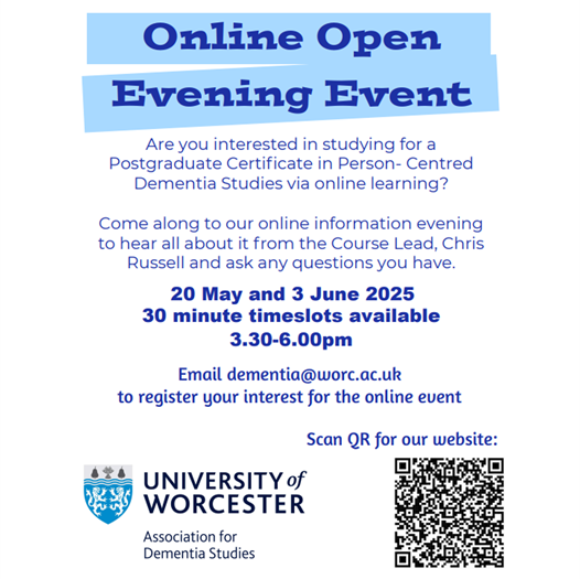 Association for Dementia Studies (@dementiastudies) on Twitter photo Interested in our Postgraduate Certificate in Person-Centred Dementia Studies but have a few questions? Join Course Lead Dr Chris Russell on 20th May or 3rd June 3.30-6.00pm for an online open evening. Contact Chris via dementia@worc.ac.uk to book a slot. Interested in our Postgraduate Certificate in Person-Centred Dementia Studies but have a few questions? Join Course Lead Dr Chris Russell on 20th May or 3rd June 3.30-6.00pm for an online open evening. Contact Chris via dementia@worc.ac.uk to book a slot.