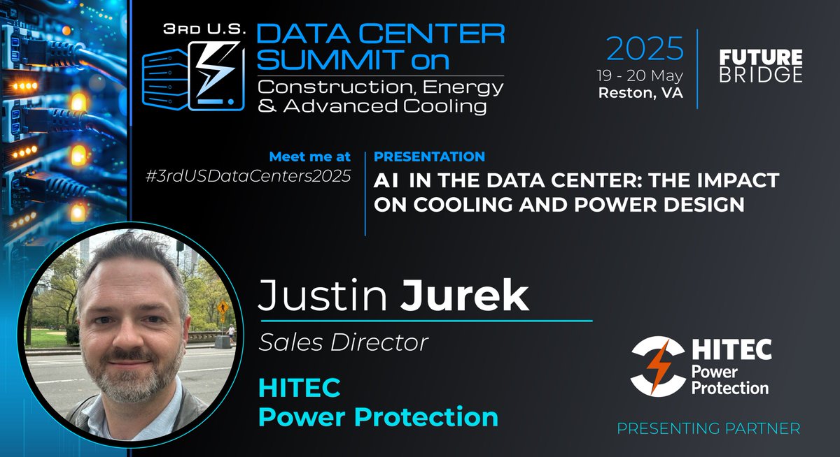 Speaker Spotlight at #3rdUSDataCenters2025

Justin Jurek of HITEC Power Protection takes the stage to explore how AI is reshaping power &amp; cooling design in data centers.

🧠 DRUPS tech
⚡ AI-ready infra
📍 May 19–20 | Reston, VA
🔗 future-bridge.us/3rd-us-data-ce…