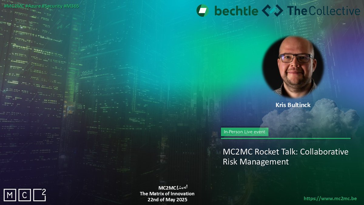 We’re thrilled to announce that Kris Bultinck will deliver a MC2MC Rocket Talk at MC2MC Live: The Matrix of Innovation!🚀 

📅 Thursday, May 22nd    
🔗 tinyurl.com/36f9nxuh

#MC2MC #MC2MCLive #Community #Security #M365 #Azure