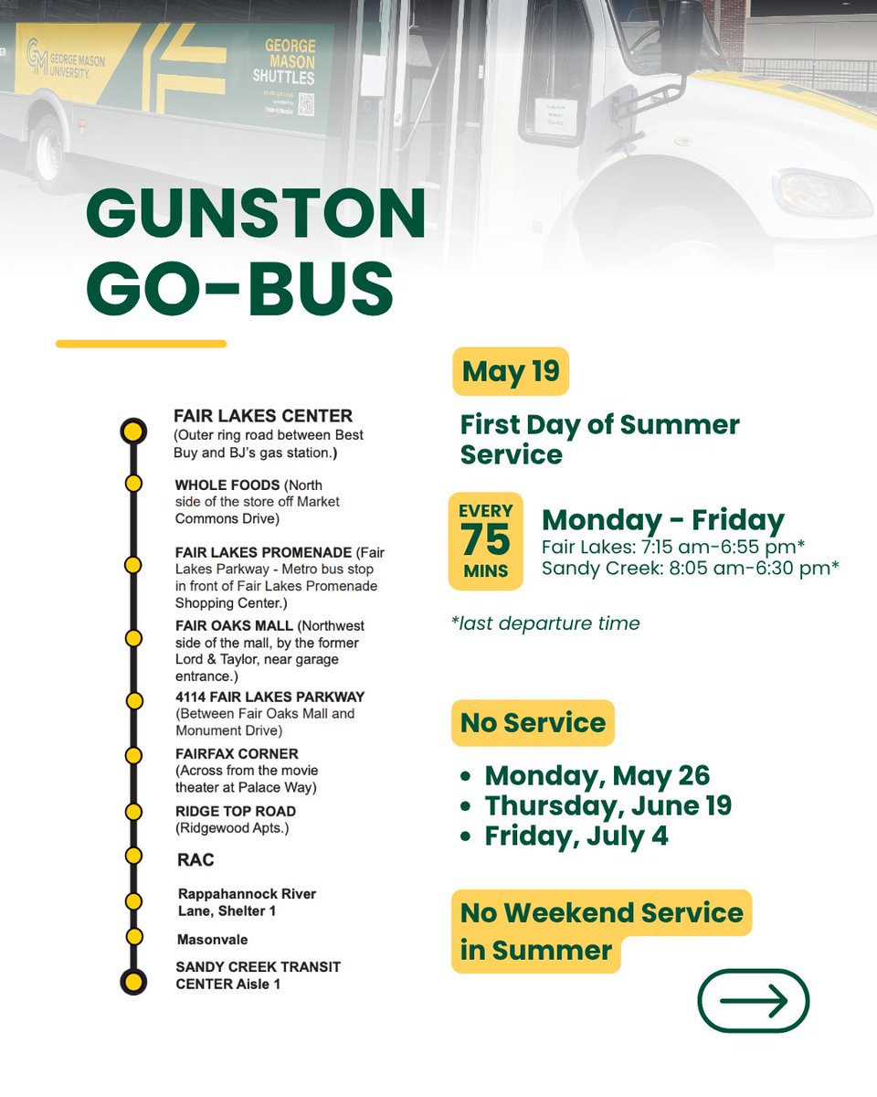 Planning your summer commute? 🚌 Check out the updated summer shuttle schedules. Save this post for easy access!

🔗 Click the link in bio for more details!

#shopMason #GMU #GeorgeMasonU #MasonShuttles <a href="/MasonShuttles/">Mason Shuttles</a>