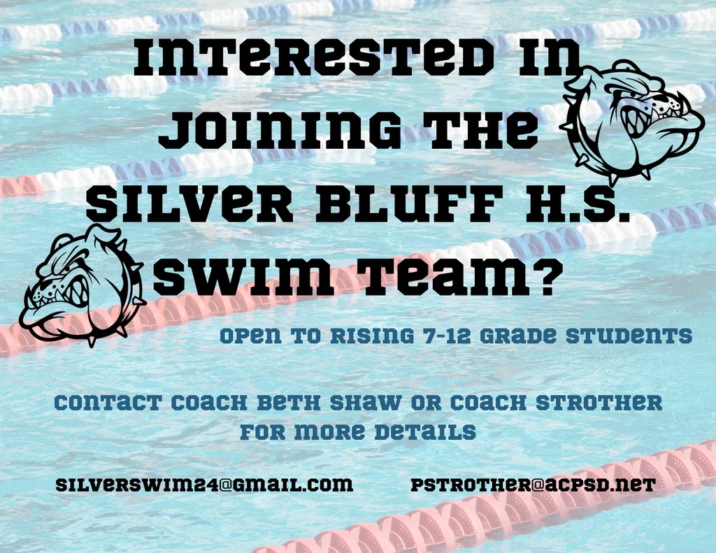 Silver Bluff High (@silverbluffhigh) on Twitter photo Interested in joining the Silver Bluff High School Swim Team? Spots are available for rising 7th-12th grade students. Contact Coach Beth Shaw at silverswim24@gmail.com or Coach Strother at pstrother@acpsd.net for more details. Interested in joining the Silver Bluff High School Swim Team? Spots are available for rising 7th-12th grade students. Contact Coach Beth Shaw at silverswim24@gmail.com or Coach Strother at pstrother@acpsd.net for more details.