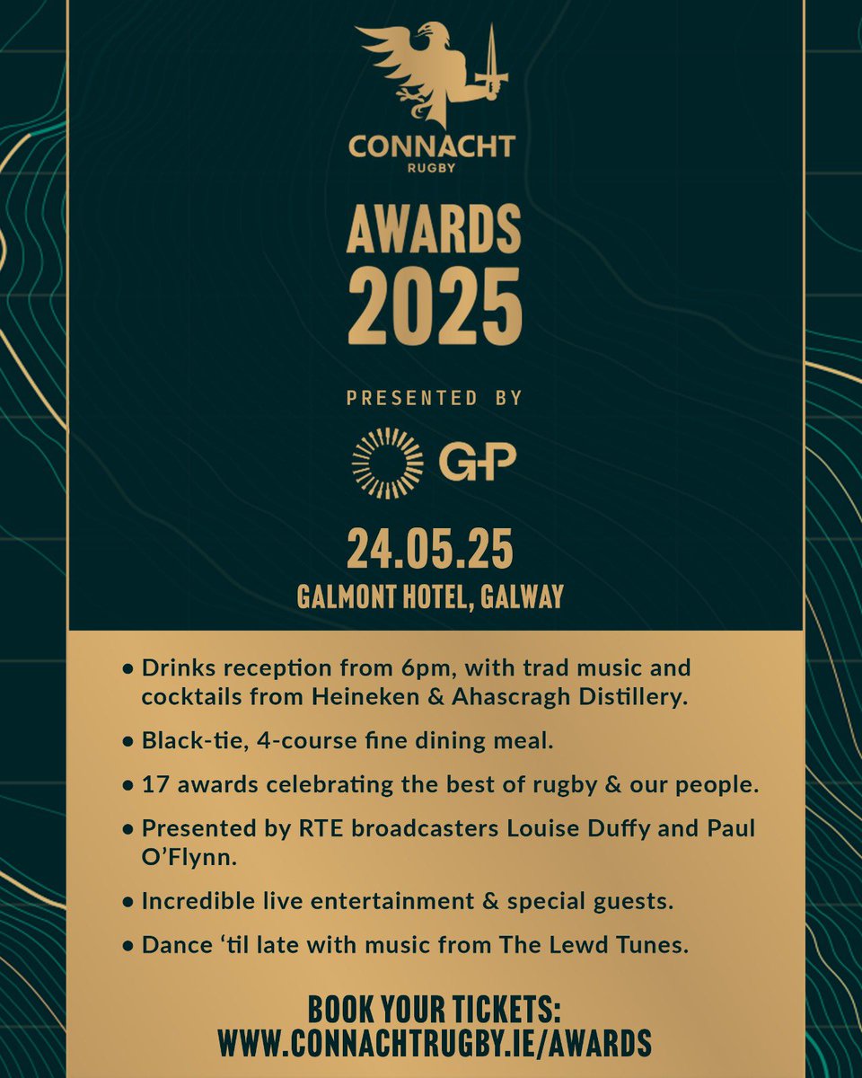 Join us for the Connacht Rugby Awards Ball on Saturday 24 May 🥂

🎟️ connachtrugby.ie/awards 

#ConnachtRugby💫 | <a href="/GlobalEOR/">G-P</a>