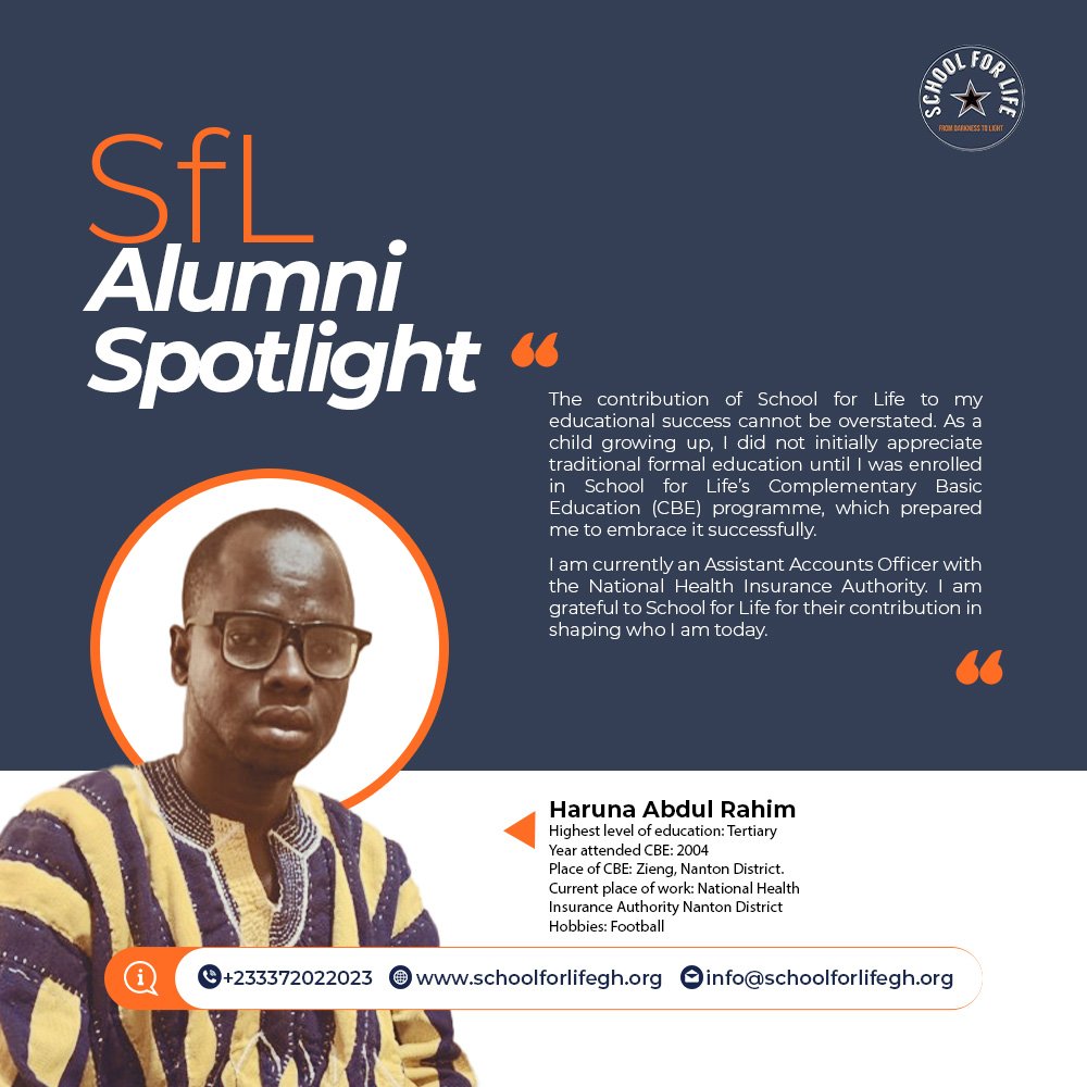 SchoolforLifeG1's tweet photo. From Zieng to the Office Desk: The Journey of Haruna Abdul Rahim

We are happy to share the incredible growth of our CBE alumnus to you all.

Haruna Abdul Rahim has transformed his early learning struggles into a story of professional success and resilience.

#SchoolforLifeGhana https://t.co/FznhaxPHS8