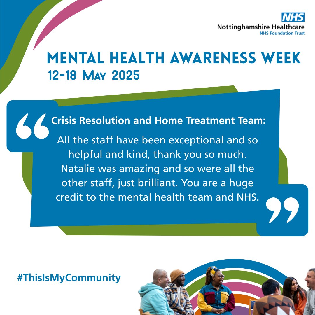 Fantastic patient feedback about our Crisis Resolution Home Treatment team recently. #MentalHealthAwarenessWeek

"All the staff have been exceptional and so helpful and kind, thank you so much…..You are a huge credit to the mental health team and NHS."