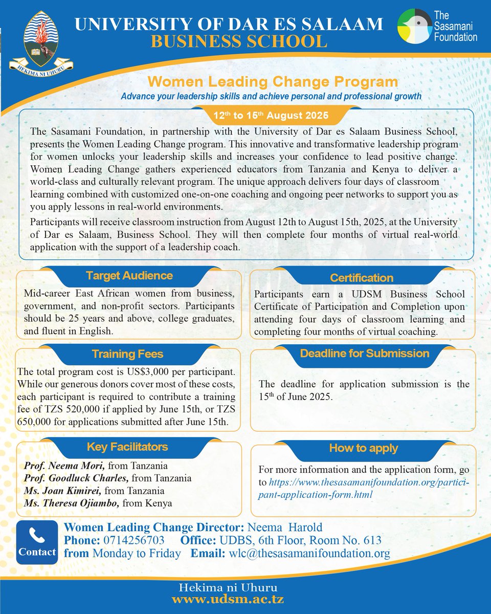 University of Dar es Salaam (@udsmofficial) on Twitter photo ๐ฌ๐๐๐๐๐๐. ๐ณ๐๐๐
. ๐ป๐๐๐๐๐๐๐๐.
Join the Women Leading Change Program at UDSM Business School โ where East African women rise to leadership with world-class coaching, expert mentorship, and real-world impact.
๐
๐๐ฉ๐ฉ๐ฅ๐ฒ ๐๐ฒ ๐๐ฎ๐ง๐ ๐๐, ๐๐๐๐ ๐ฌ๐๐๐๐๐๐. ๐ณ๐๐๐
. ๐ป๐๐๐๐๐๐๐๐.
Join the Women Leading Change Program at UDSM Business School โ where East African women rise to leadership with world-class coaching, expert mentorship, and real-world impact.
๐
๐๐ฉ๐ฉ๐ฅ๐ฒ ๐๐ฒ ๐๐ฎ๐ง๐ ๐๐, ๐๐๐๐