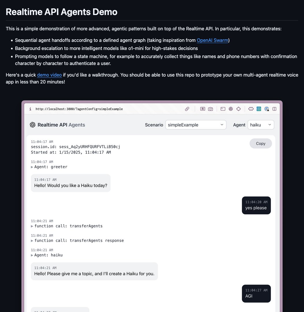 D4Vinci1's tweet image. openai-realtime-agents
Check out this demo of agentic patterns built on the Realtime API! Agents can handoff seamlessly, escalate to more intelligent models, and follow state machines for tasks like user authentication #RealtimeAPI #AI #VoiceAgents