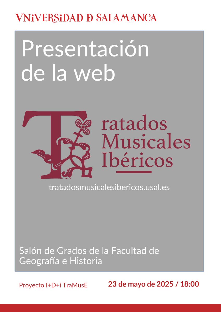 MusicologiaUSAL's tweet photo. 🎶 ¡Presentamos la web Tratados Musicales Ibéricos!
🗓 23 de mayo, 18:00 h📍 Salón de Grados.
🔱Facultad de Geografía e Historia (USAL)
🌐 https://t.co/HmBpqgcIk9
Un recurso clave sobre tratados musicales (siglos XV–XVIII) en el mundo ibérico 🌍
¡Te esperamos en la presentación! https://t.co/HPTWggMxzD