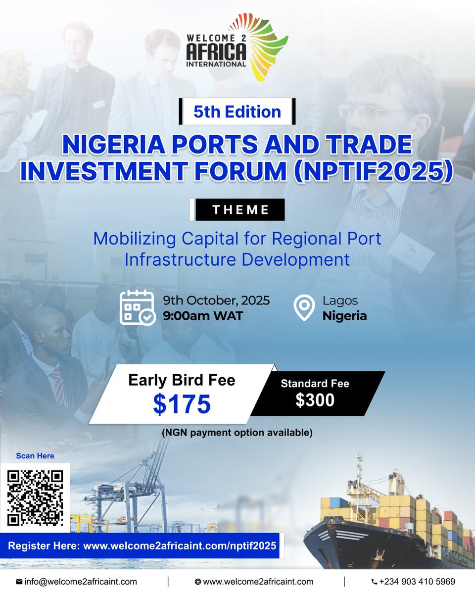 Nigeria loses ₦7B+ yearly to port inefficiencies. #NPTIF2025 is here to change that!

Join investors, policymakers &amp; trade leaders on October 9 in Lagos to unlock $1.2B+ investments in maritime &amp; logistics.

Register now at our early bird fee: welcome2africaint.com/nptif2025

#NPTIF2025