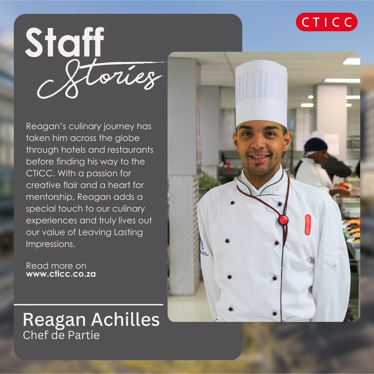 Our people make the difference. Stay tuned as we spotlight those who make a lasting impact every day.

Visit shorturl.at/8WMa4 to read Reagan’s story.

#21YearsofCTICC
#21YearsofExcellence
#StaffStories