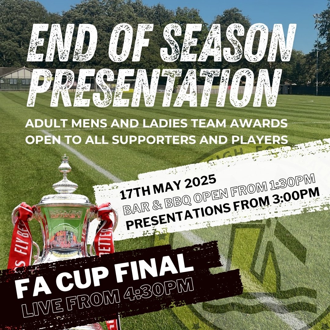 Everyone is welcome to join us on Saturday 17th May (hopefully in the sunshine) for our end of season awards day, with presentations for First, Reserves, Ladies &amp; over 50's teams and club volunteers. BBQ and Bar open from 1:30pm