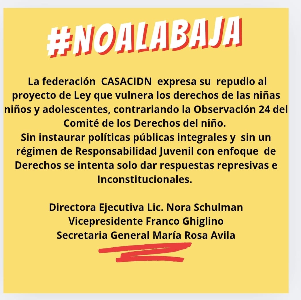 Desde el <a href="/CASACIDN/">CASACIDN</a> repudiamos el proyecto de ley que vulnera los #DerechosNNyA, contrariando la Observación 24 del Comité de los #DerechosDelNiño. Sin instaurar políticas públicas integrales y sin un régimen de #ResponsabilidadJuvenil con enfoque de #Derechos.
#NoALaBaja