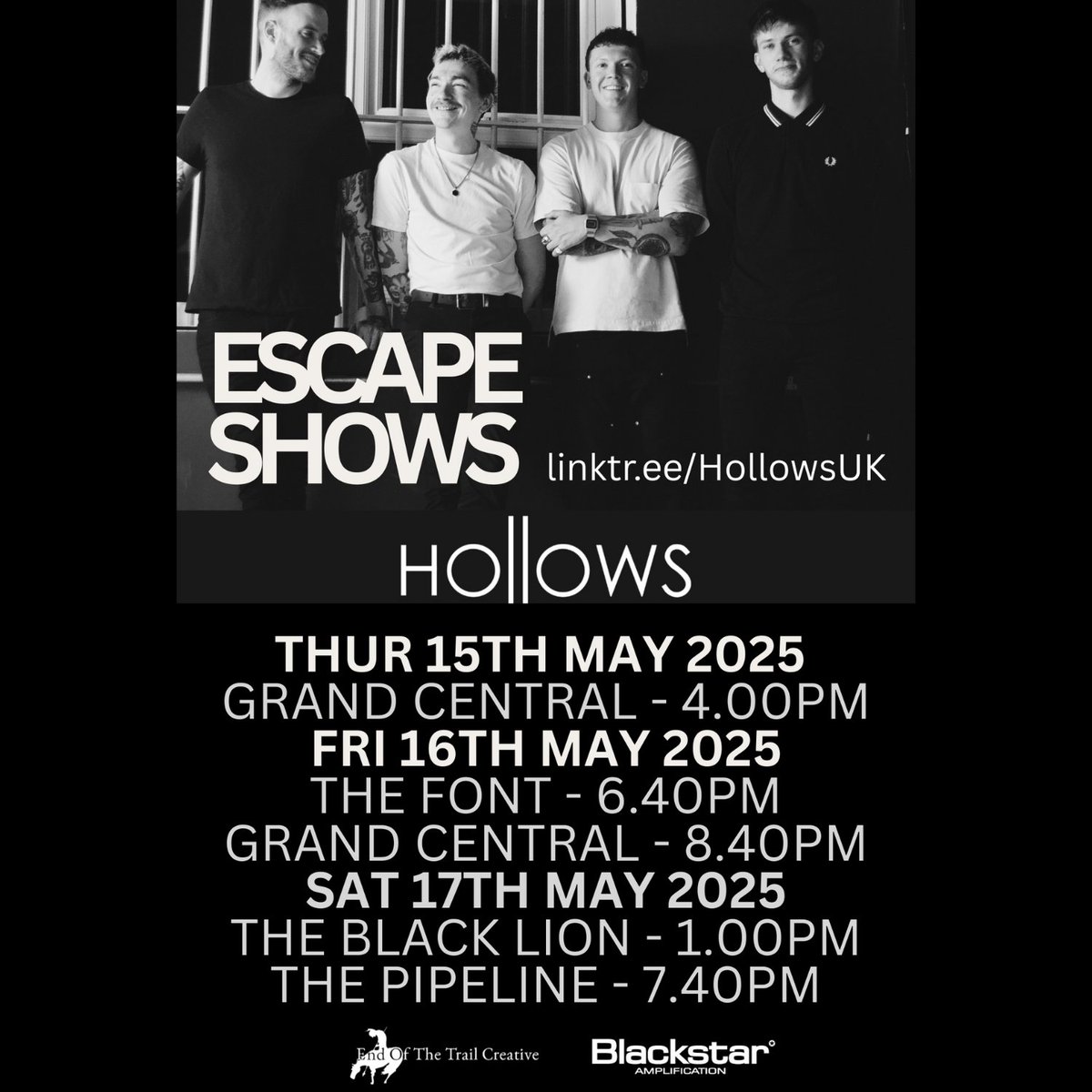 BRIGHTON THIS WEEK 
Hollows (Alt/Indie)
‘Sounding epic!’ - John Kennedy, Radio X
 on.soundcloud.com/8BpzRy4nqpDBzH… 
Thur 15th May 2025
Grand Central - 4.00pm
Fri 16th May 2025
The Font - 6.40pm
GRAND CENTRAL - 8.40PM
SAT 17th May 2025
THE BLACK LION - 1.00pm
The PIPELINE - 7.40PM