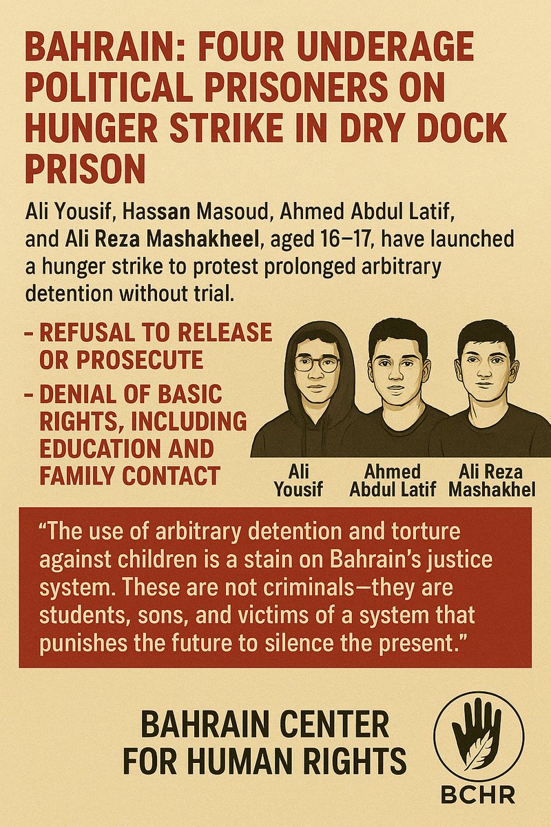 Four Underage Political Prisoners on Hunger Strike in Dry Dock Prison
#Bahrain
bahrainrights.net/?p=137132