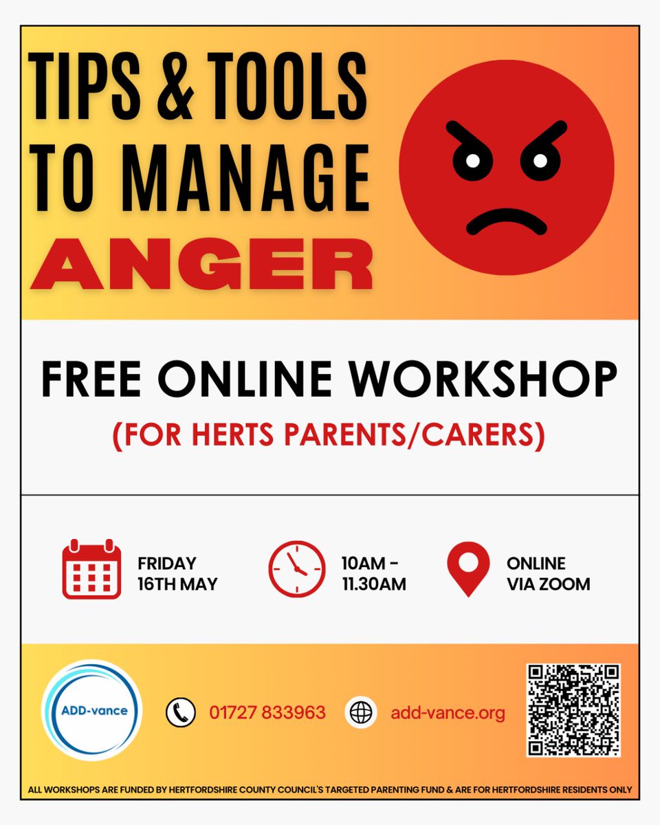 📣 FREE ONLINE WORKSHOP for Hertfordshire parents &amp; carers 📣

Book here: t.ly/gTl09 or scan the QR code

#ADDvance #ADHD #autism #neurodiversity #neurodivergent #neurodivergence #herts #hertfordshire #anger #manageanger #managinganger
