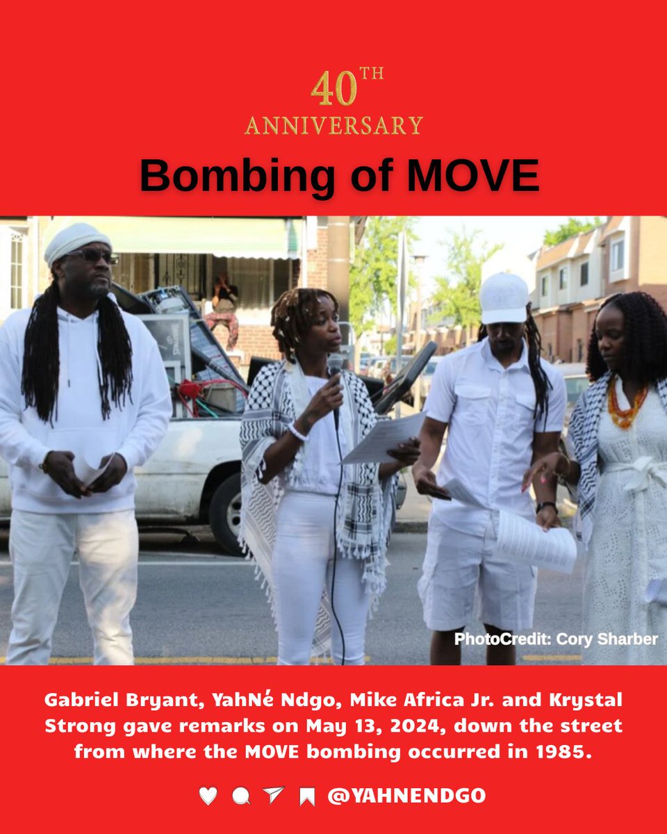 YahNeNdgo's tweet image. The City of Philadelphia massacred members of MOVE 40 years ago today, murdering 11 men, women, and children who stood up for and lived to be in harmony with life. 
M
This year the city is recognizing May 13th as MOVE Day of Reflection and Remembrance. 

#freeMumia #onamove