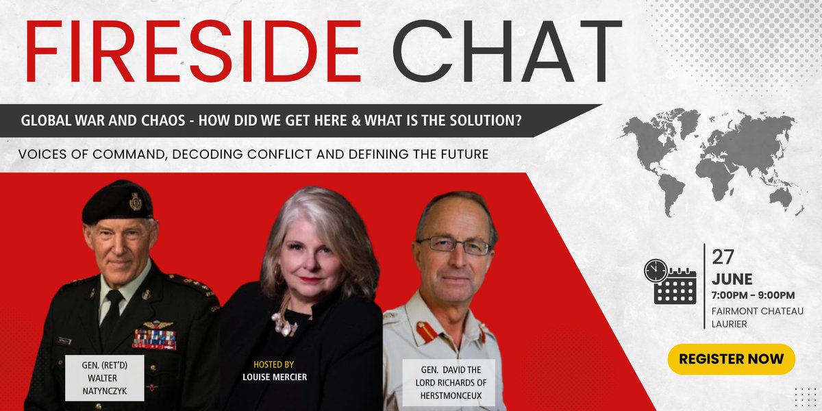 Global tensions are rising — what’s driving the unrest? Join Former Chiefs of Defence Staff  Gen.  David The Lord Richards &amp; Gen. (Ret’d) Walter Natynczyk on June 27 in Ottawa for a Fireside Chat on instability, defense &amp; diplomacy.
🎟️Reserve your seat: shorturl.at/bO6aF