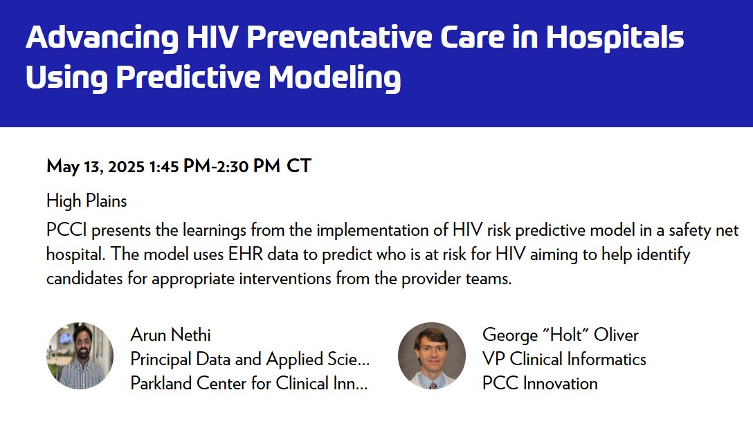 <a href="/TexasHIMSS/">Texas Regional HIMSS</a>: Don't Miss It! 
Today at #HIMSS25Texas at Grapevine, Texas, PCCI's  George “Holt” Oliver, PhD, MBA, VP Clinical Informatics, and Arun Nethi, MS, Principal Data &amp; Applied Scientist, are presenting on PCCI's HIV risk prevention model.
lnkd.in/gPUryneh