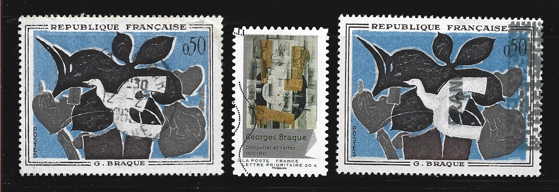 MSulpicius's tweet photo. @Philatelovely Braque  George borned in Argenteuil near Paris 1882 1963 - 2 Tableau stamps called LE MESSAGE 1961 Michel Nr. 1319 and one 2012 COMPOTIER &amp; CARTES Cubism Painting in middle https://t.co/l2dQPN4toO