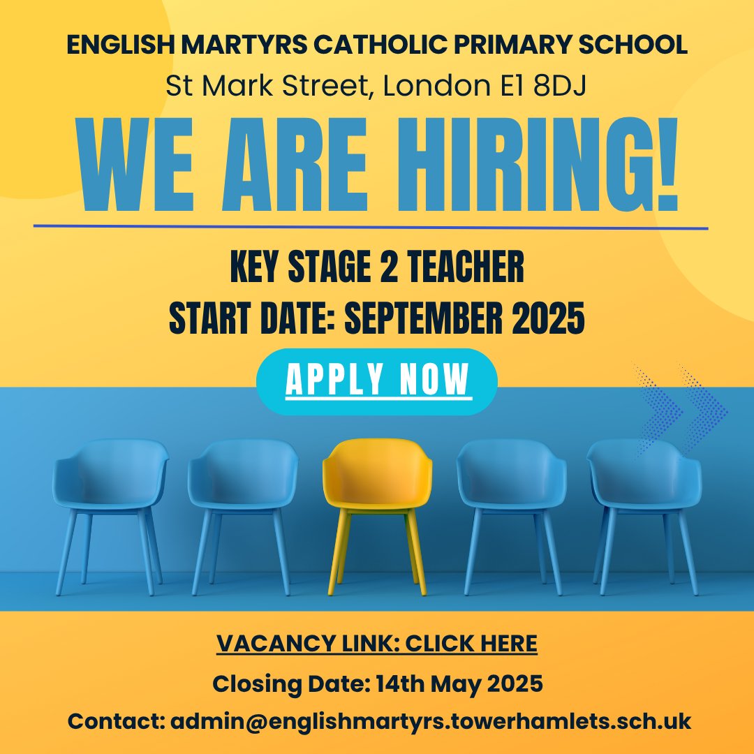 WE ARE HIRING – Key Stage 2 Teacher
English Martyrs Catholic Primary School is looking for a Key Stage 2 Teacher to join us in September 2025. If you’re passionate about teaching, we’d love to hear from you.

📍 Location: St Mark Street, London E1 8DJ
 📅 Closing Date: 16th May
