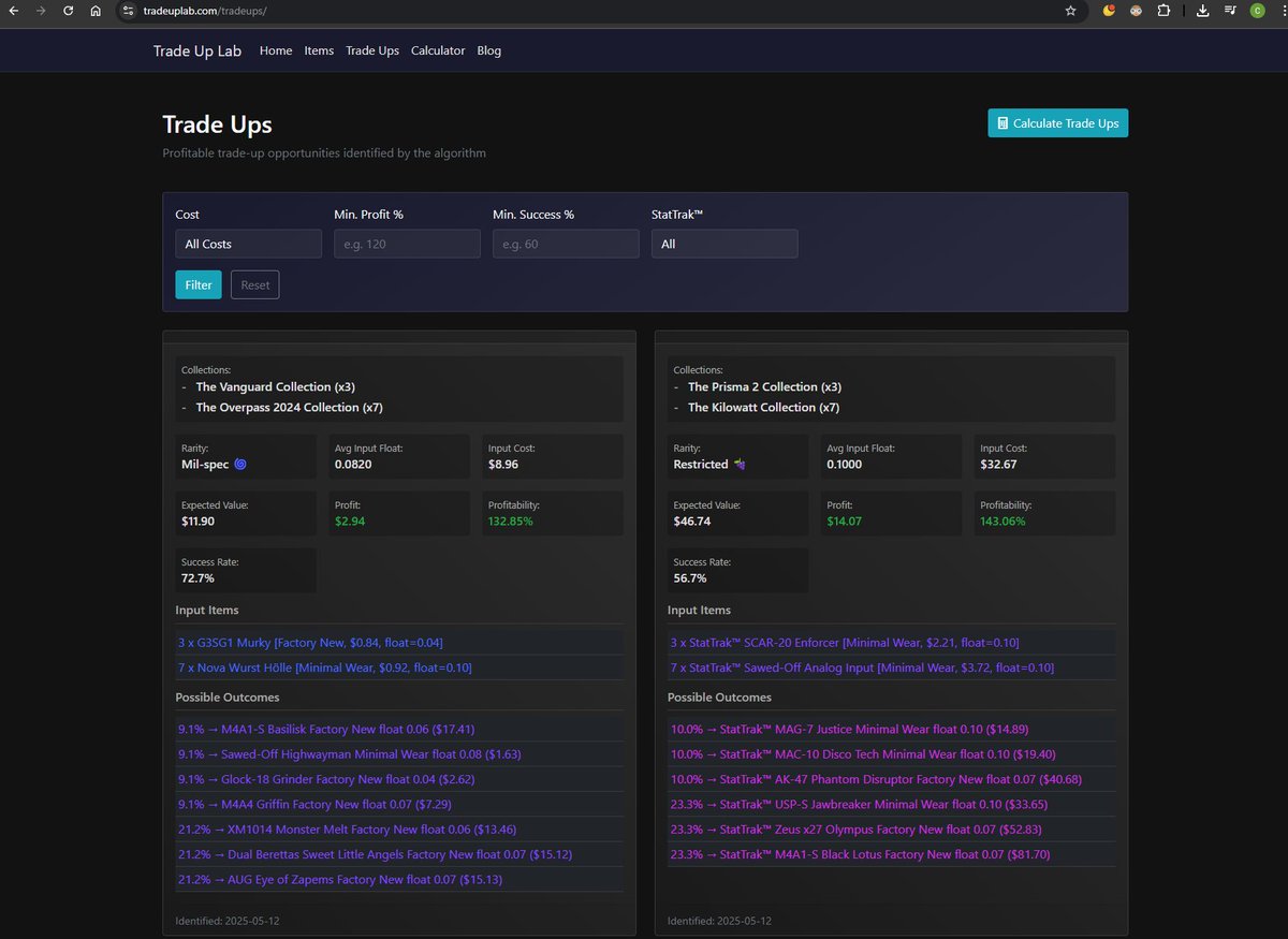 tradeuplab's tweet image. Go to tradeuplab.com/tradeups/ for daily profitable trade ups with obtianable inputs!
We're always looking for feedback
#cs2 #cs2skins