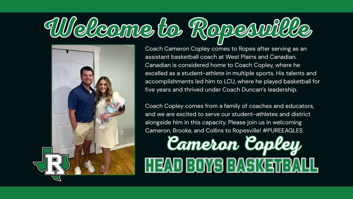 Ropes ISD (@ropeseagles) on Twitter photo Ropes ISD is excited to announce Cameron Copley as itโs new Head Boys Basketball Coach!
Welcome to Ropesville!
<a href="/CameronCopley22/">Cameron Copley</a>
#PUREEAGLES ๐ฆ
Ropes ISD is excited to announce Cameron Copley as itโs new Head Boys Basketball Coach!
Welcome to Ropesville!
<a href="/CameronCopley22/">Cameron Copley</a>
#PUREEAGLES ๐ฆ
