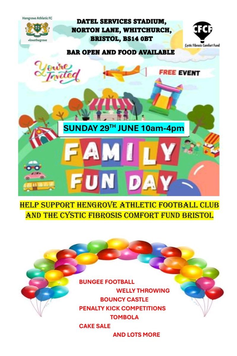Hengrove Athletic FC (@hengroveafc) on Twitter photo A reminder of our Family Fun Day on Sunday 29th June, aiming to raise funds for our club and the Bristol Cystic Fibrosis Comfort Fund (thanks to <a href="/AS_FootyReview/">Stoner</a> for his support with this)
<a href="/swsportsnews/">South West Sports News</a>
<a href="/_WesternLeague_/">Western League</a>
<a href="/wcfyl/">Western Counties Floodlight Youth League</a> A reminder of our Family Fun Day on Sunday 29th June, aiming to raise funds for our club and the Bristol Cystic Fibrosis Comfort Fund (thanks to <a href="/AS_FootyReview/">Stoner</a> for his support with this)
<a href="/swsportsnews/">South West Sports News</a>
<a href="/_WesternLeague_/">Western League</a>
<a href="/wcfyl/">Western Counties Floodlight Youth League</a>