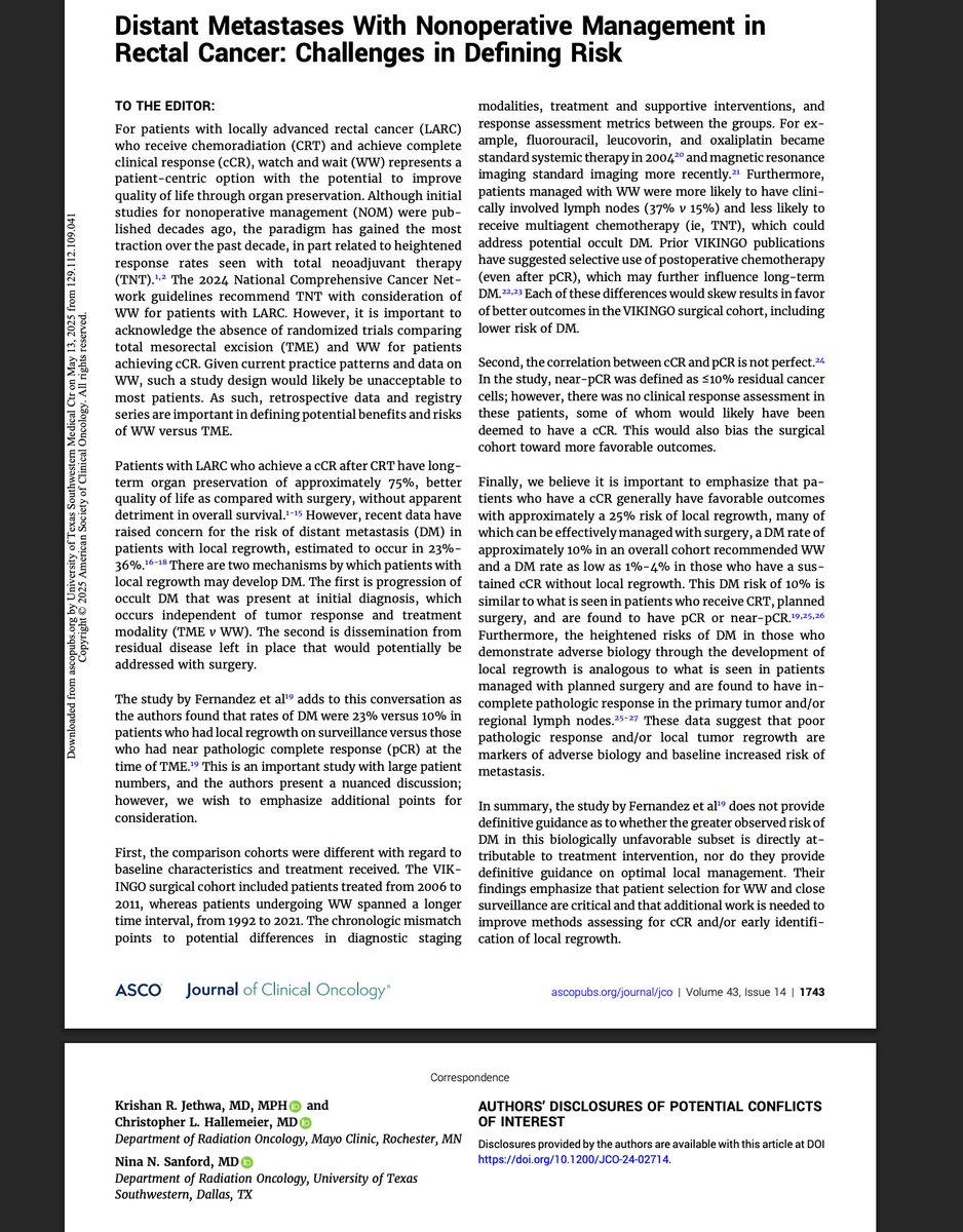 Dr. Nina Niu Sanford (@niusanford) on Twitter photo We wrote a LTE (led by <a href="/KrishanJethwa/">Krishan Jethwa</a>) re: some of the limitations of this study, including baseline differences in comparison groups, imperfect correlation b/w cCR and pCR - both which would bias the surgical cohort toward better outcomes. We wrote a LTE (led by <a href="/KrishanJethwa/">Krishan Jethwa</a>) re: some of the limitations of this study, including baseline differences in comparison groups, imperfect correlation b/w cCR and pCR - both which would bias the surgical cohort toward better outcomes.