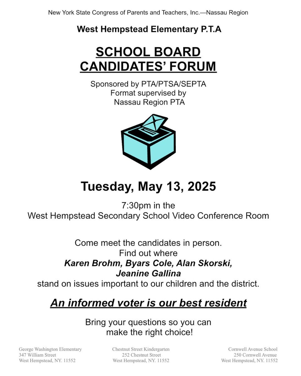 Join us tonight at 7:30 PM for the School Board Candidate Forum, held in the Secondary School Video Conference Room <a href="/WhufsdRams/">Ram Pride</a>