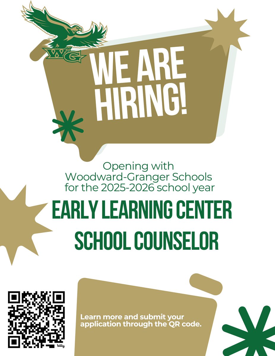 Join our Early Learning Center team as a School Counselor for the 2025-26 school year. 
📲 Scan the QR code or click the link to apply: bit.ly/3WlNRJN
Come Build A Future @ WG!
#WGBuildingFutures