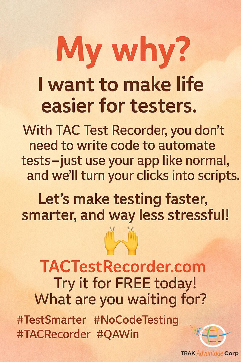 trakadvcorp's tweet image. ⚡️ Burned out from repetitive QA work?

TAC Test Recorder handles the boring stuff — you just click through your app.

✅ Exports to C#, Java, Python, JS
✅ Free to start

🔗 TACTestRecorder.com

#DevLife #NoCodeQA #TACRecorder #SeleniumGrid #AutomationTesting #UIAutomation