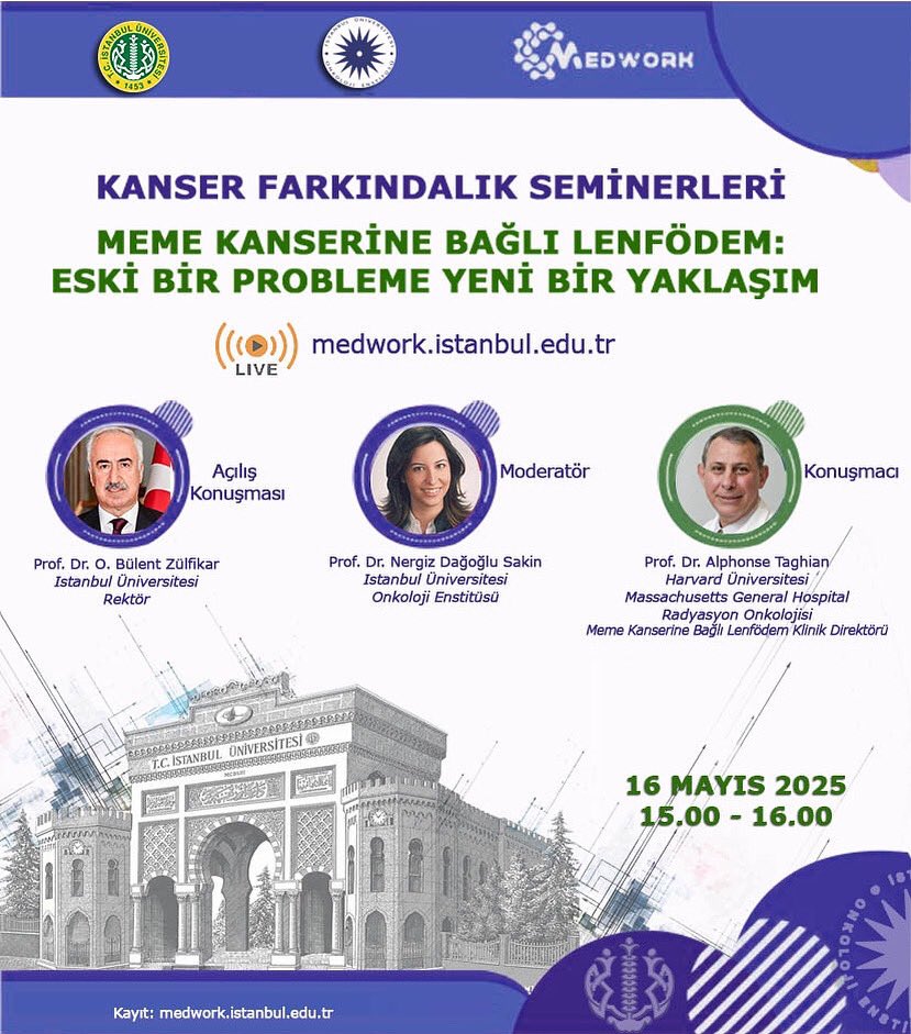 🎗️ Kanser Farkındalık Semineri

"Meme Kanserine Bağlı Lenfödem: Eski Bir Probleme Yeni Bir Yaklaşım” başlıklı seminer online platformumuz MedWork'te gerçekleşecektir.

📆 Tarih: 16 Mayıs 2025
🕒 Saat: 15.00 – 16.00
🔗 Canlı Yayın: medwork.istanbul.edu.tr

Katılımınızı bekleriz.