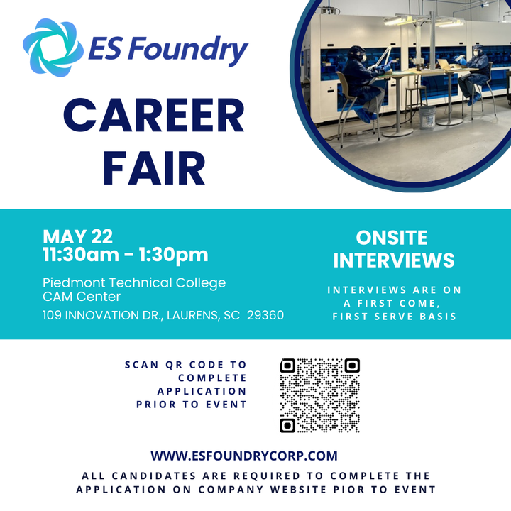 Interested in shaping the future of American solar manufacturing? Meet us Wednesday, May 22nd, 11:30 a.m. - 1:30 p.m., Piedmont Technical College, CAM Center, 109 Innovation Dr., Laurens, SC. esfoundrycorp.com/careers/