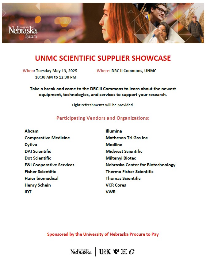 UNL Biotech Center (@biotechunl) on Twitter photo We’re at <a href="/unmc/">University of Nebraska Medical Center</a> today for the Supplier Showcase! Come see us at the DRC II Commons from 10:30 - 12:30 to explore everything our core facilities have to offer. Stop by and say hi!
#UNMC #SupplierShowcase #Research #Biotech
<a href="/unmc_research/">UNMC Research</a> We’re at <a href="/unmc/">University of Nebraska Medical Center</a> today for the Supplier Showcase! Come see us at the DRC II Commons from 10:30 - 12:30 to explore everything our core facilities have to offer. Stop by and say hi!
#UNMC #SupplierShowcase #Research #Biotech
<a href="/unmc_research/">UNMC Research</a>