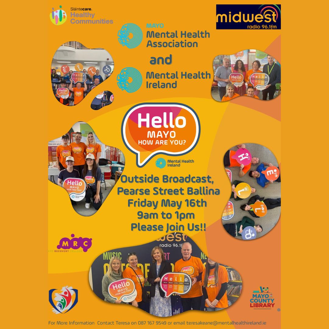 Mayo Mental Health Association (@mayomha) on Twitter photo THIS COMING FRIDAY
Friday 16th May we are asking the people of Mayo to come out, say HELLO, ask someone 'How Are You?' & really listen to what they have to say!
If you are about Ballina drop down to Pearse Street where we will be broadcasting live with <a href="/radiomidwest/">Mid West Radio</a> 💙 THIS COMING FRIDAY
Friday 16th May we are asking the people of Mayo to come out, say HELLO, ask someone 'How Are You?' & really listen to what they have to say!
If you are about Ballina drop down to Pearse Street where we will be broadcasting live with <a href="/radiomidwest/">Mid West Radio</a> 💙
