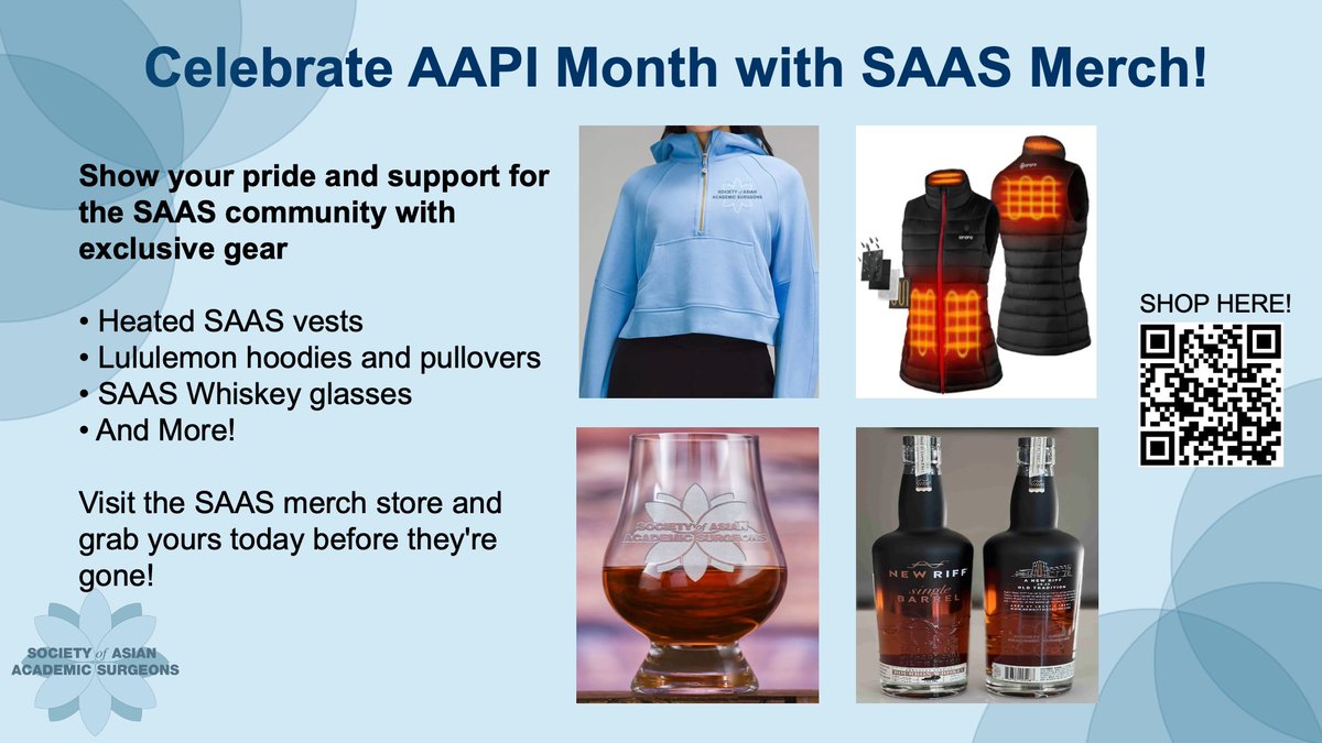 AsianAcadSurg's tweet image. Celebrate #AAPIHeritageMonth with @AsianAcadSurg style!
SAAS merch is available at bit.ly/4576LYY!
We have:
🧥 Ororo Heated Vests
🧘♀️ Lululemon Hoodies and Pullovers
🥃 Whiskey glasses and bottles
🌺 Hawaiian Shirts
🔥 Grab yours before they’re gone!