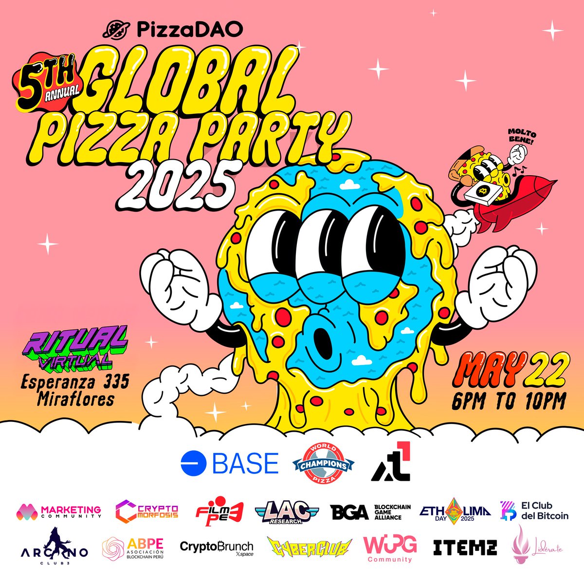¡La pizza y Web3 se unen en Lima 🍕!

Junto a <a href="/CryptomorfosisX/">Cryptomorfosis</a>  seremos las comunidades anfitrionas en esta 5ta edición del #GlobalPizzaParty2025 de <a href="/Pizza_DAO/">PizzaDAO 🍕🏴‍☠️</a> este 22 de mayo en RitualVirtual (Miraflores).

⏰6 pm - 10 pm 🇵🇪
🎟️Entrada libre (cupo limitado)

🧵👇