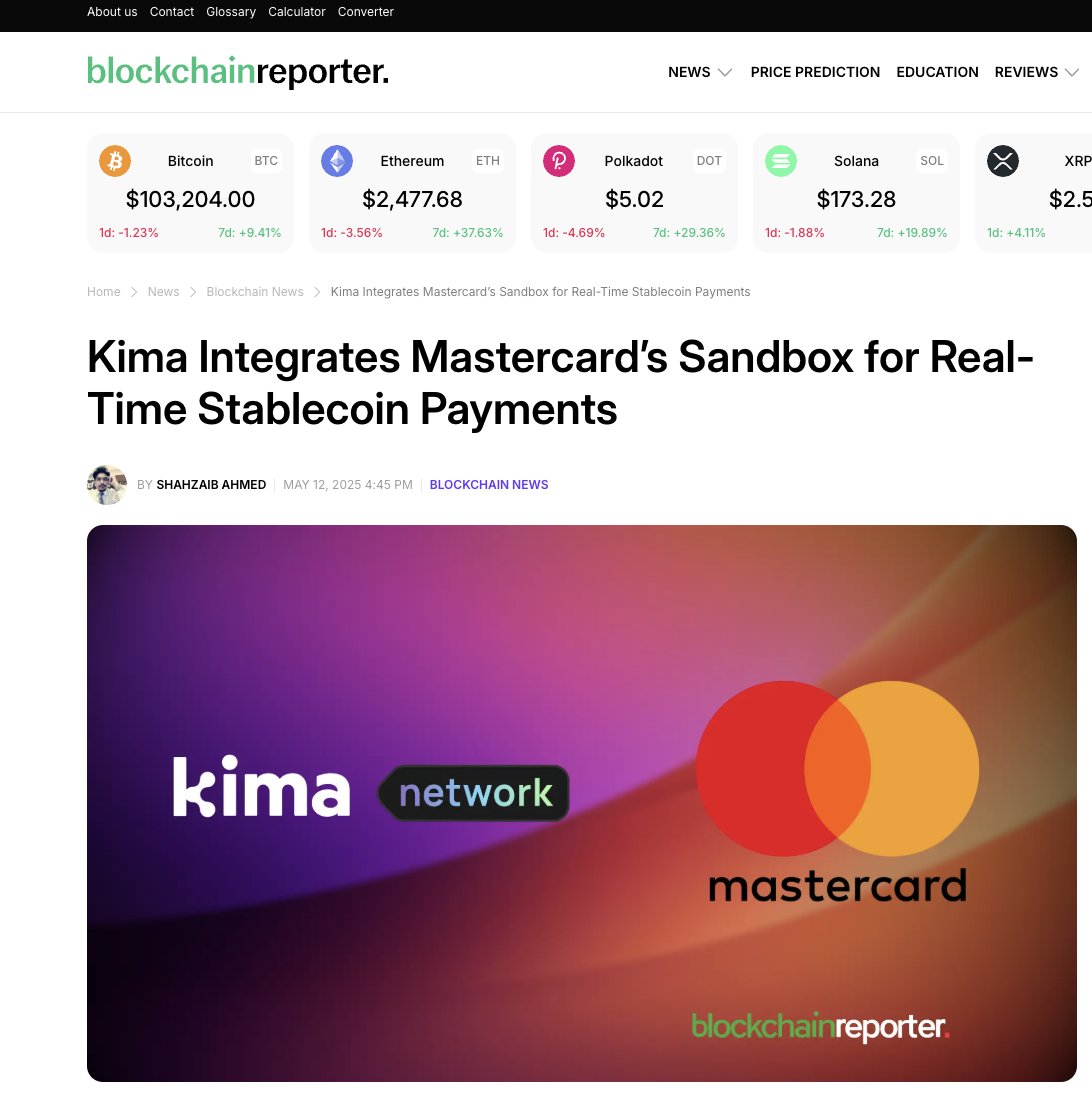 📣 We’re excited to share that Kima has been featured in Blockchain Reporter! 📰

Our integration with Mastercard’s Sandbox is making waves, enabling real-time stablecoin top-ups to prepaid cards directly from self-custody wallets. 💳⚡

From 10+ supported blockchains to 200K+