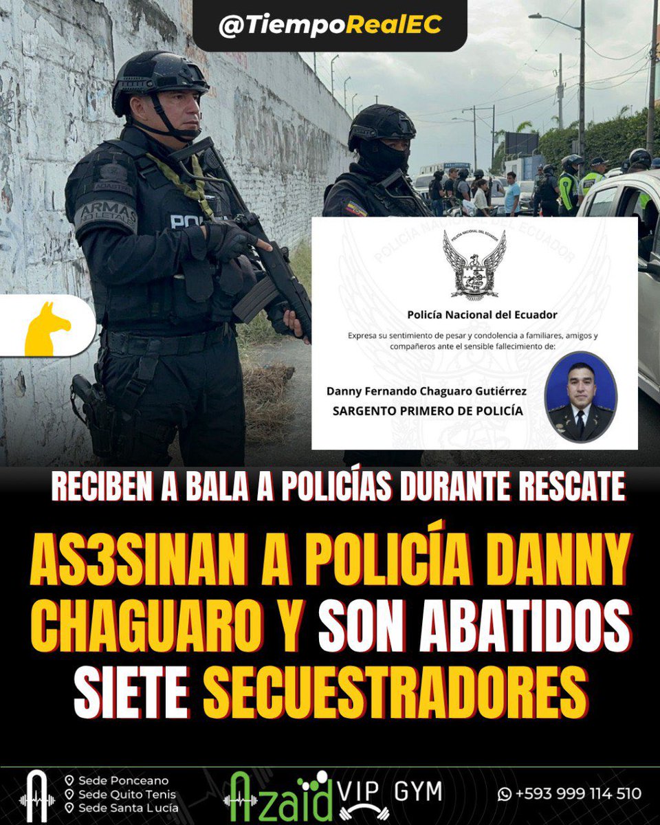 TiempoRealEC's tweet photo. 🆘.#URGENTE ||

📍En el sector Las Balsas, Santa Elena, la @PoliciaEcuador habría sido recibida a tiros durante el rescate de una persona secuestrada. @jcarreraandrade 

👉 Interviene personal de la mejor unidad de la @PoliciaEcuador UNASE, donde logran abatir a siete 7️⃣ delincuentes.

🫵🏼 Lamentablemente, es as3sinado el sargento primero, Danny Chaguaro, del Grupo de Intervención y Rescate. 

📌 Noticia en desarrollo…

✳️ #SomosTRNoticias #VivimosHistorias