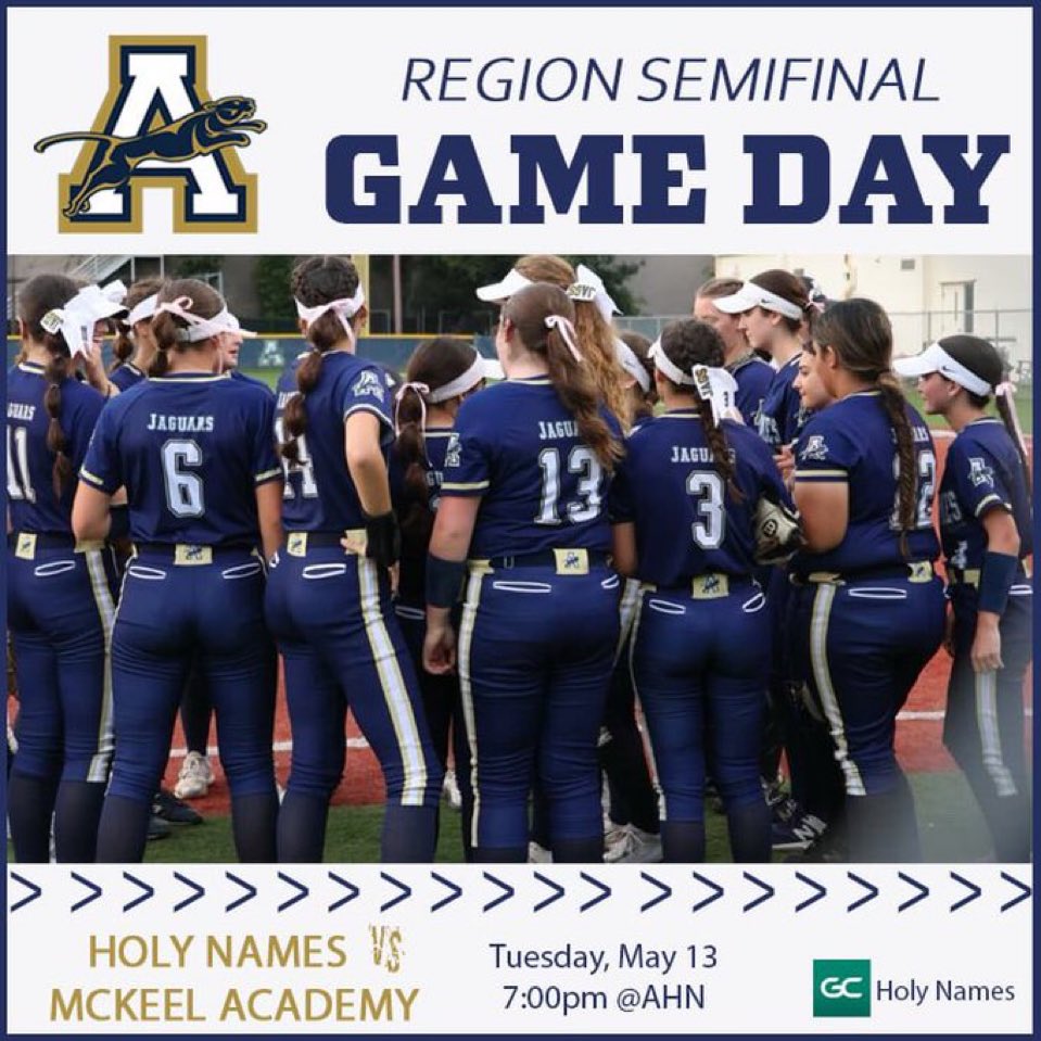 🥎 GAMEDAY!!! 

📅 Tuesday, May 13

🏆 Region Semifinal 

🆚 McKeel Academy 

🕰️ 7:00

📍Holy Names / Schifino Field 

🎟️ gofan.co/event/3608628

🐆 G🥎 Jags!!!