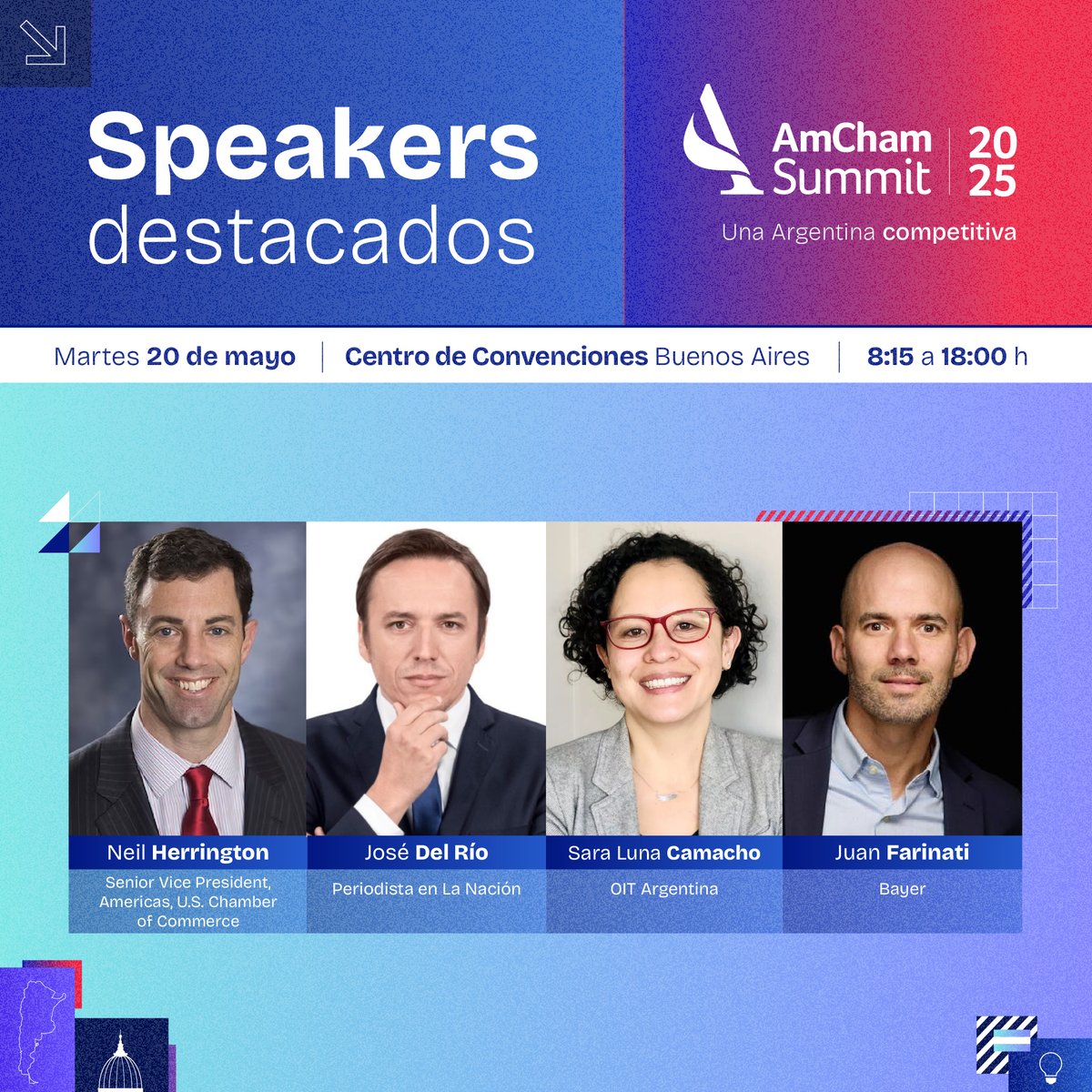 AmChamArgentina's tweet photo. 🌟🎙 Voces clave para construir una #ArgentinaCompetitiva

En el #AmChamSummit conversaremos sobre la importancia de adoptar la competitividad como política de Estado.

🎟️ Asegurá tu lugar: https://t.co/ldTRvZPSmF

👥 @MarianaContar @BornoroniG @jorgemacri @flopeziervasi @Ketchibachian @JFarinati @MiguelPichetto @josedel_rio