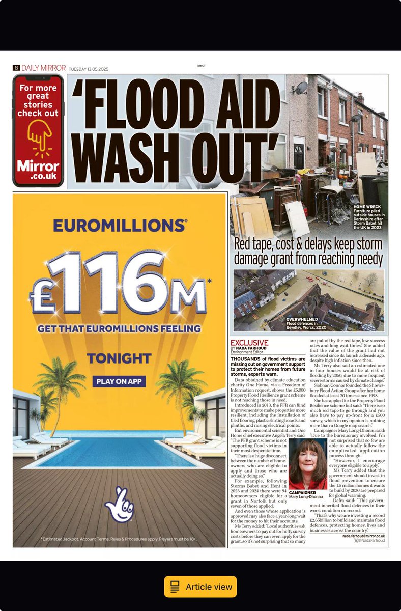 Shrewsbury Flood Action Group (@shrewsburyflood) on Twitter photo Data obtained by #climate education charity <a href="/ouronehome/">One Home</a> shows the Government’s £5,000 Property Flood Resilience (PFR) grant scheme is comprehensively failing to reach those who need it most. <a href="/ConnorPR/">Siobhan Connor</a> <a href="/floodmary/">Mary Long-Dhonau OBE</a> quoted in <a href="/DailyMirror/">The Mirror</a> <a href="/NadaFarhoud/">Nada Farhoud 🇱🇧🇬🇧 💚🌳🐾</a> #flooding @JBuckleyLabour Data obtained by #climate education charity <a href="/ouronehome/">One Home</a> shows the Government’s £5,000 Property Flood Resilience (PFR) grant scheme is comprehensively failing to reach those who need it most. <a href="/ConnorPR/">Siobhan Connor</a> <a href="/floodmary/">Mary Long-Dhonau OBE</a> quoted in <a href="/DailyMirror/">The Mirror</a> <a href="/NadaFarhoud/">Nada Farhoud 🇱🇧🇬🇧 💚🌳🐾</a> #flooding @JBuckleyLabour