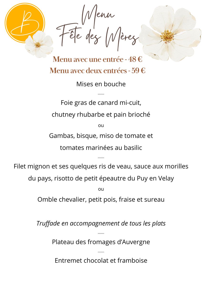 Bientôt la fête des mères !
Pour l'occasion on vous a contacté un menu savoureux servi le Dimanche 25 Mai 2025

Réservation au 04.71.40.71.95