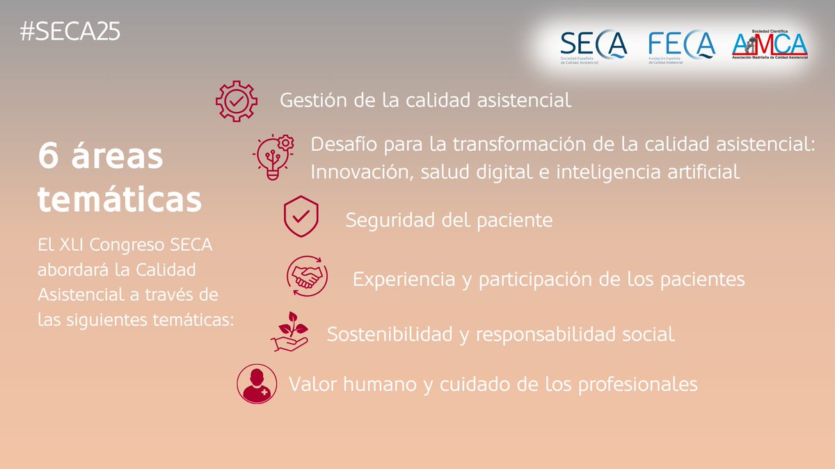🥼🩺 Este año el Congreso #SECA25 abordará la #CalidadAsistencial a través de las 6 áreas temáticas que puedes ver en la imagen.
✍🏼 Inscríbete aquí a este 41 congreso SECA: calidadasistencial.es/xli-congreso-s…
¡Y no olvides enviar tus comunicaciones! 👉🏼 calidadasistencial.es/xli-congreso-s…