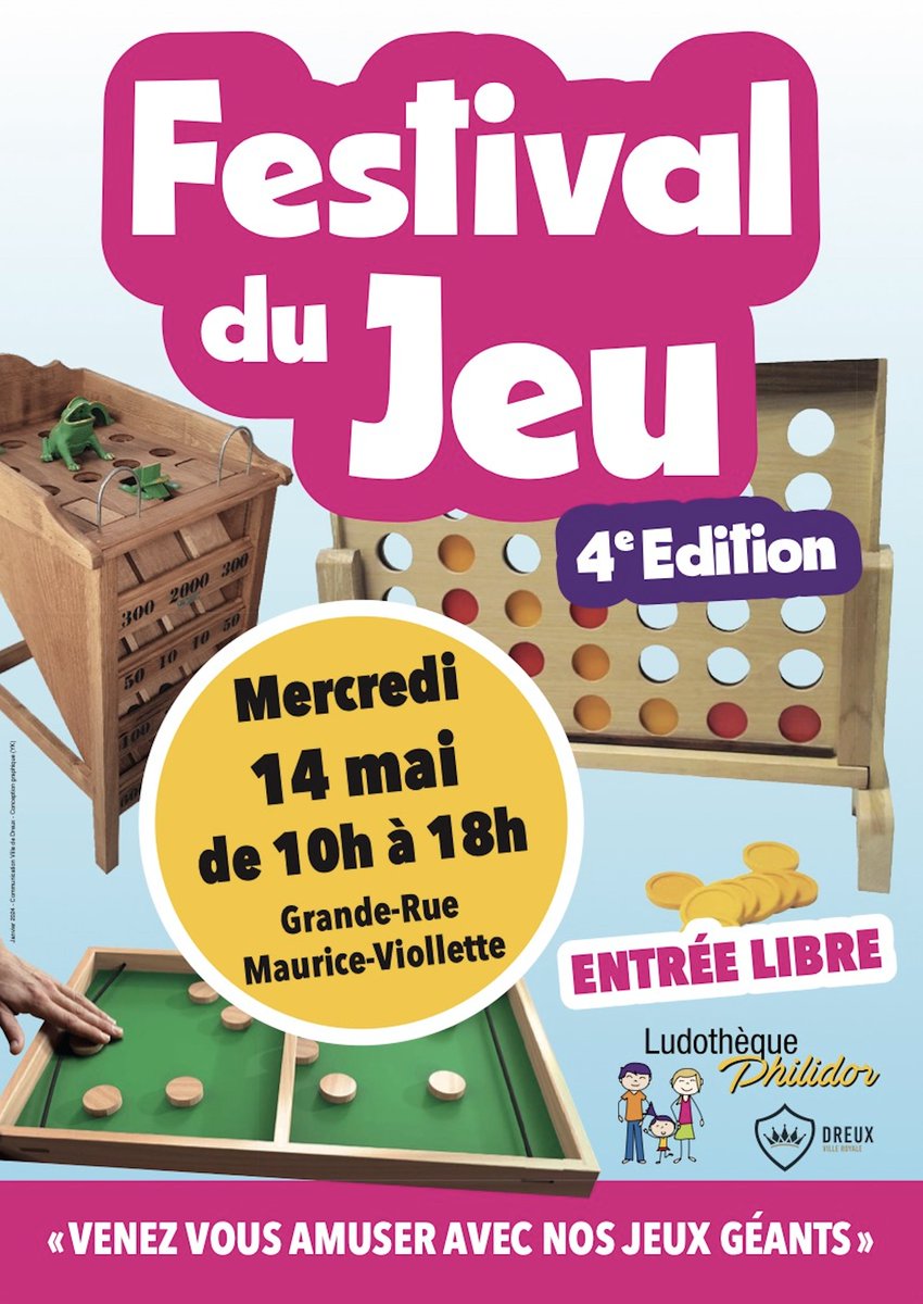 Rendez-vous en famille pour la 4e édition du Festival du #Jeu et amusez-vous avec nos #jeux géants !
📅 Demain, mercredi 14 mai de 10h à 18h en Grande-Rue Maurice Viollette