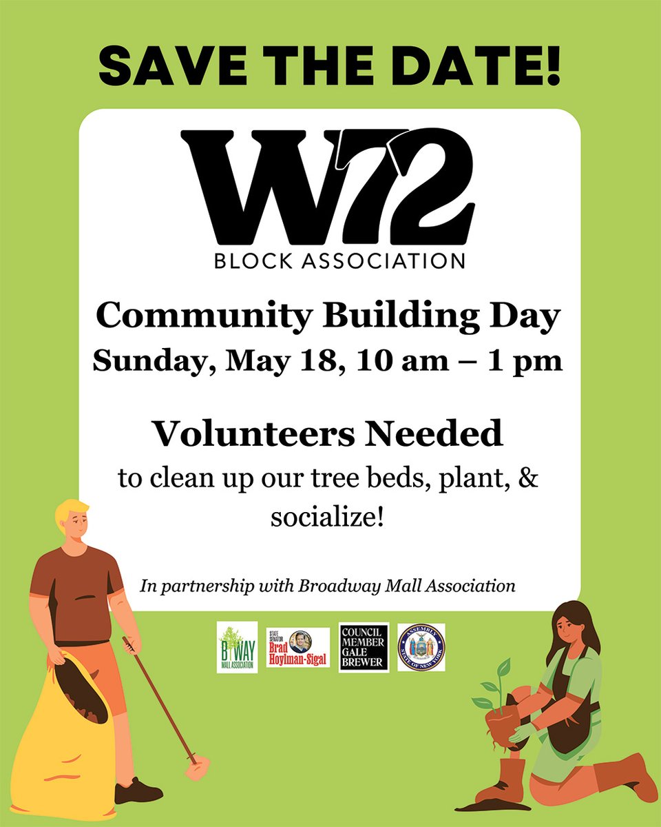 Upper West Side Coalition (@uwscoalition) on Twitter photo Reminder! Community Building Day is coming up โ
Join your neighbors to clean up tree beds, plant & socialize.
๐๏ธ Sun, May 18, 10am-1pm
๐ 72nd St. & Broadway
Hosted by W72 Block Association and <a href="/BroadwayMall/">BroadwayMall</a>, w/ support from <a href="/bradhoylman/">Brad Hoylman-Sigal ๐๐ฅฏ</a>, <a href="/galeabrewer/">Gale A. Brewer</a> & the NYS Assembly. Reminder! Community Building Day is coming up โ
Join your neighbors to clean up tree beds, plant & socialize.
๐๏ธ Sun, May 18, 10am-1pm
๐ 72nd St. & Broadway
Hosted by W72 Block Association and <a href="/BroadwayMall/">BroadwayMall</a>, w/ support from <a href="/bradhoylman/">Brad Hoylman-Sigal ๐๐ฅฏ</a>, <a href="/galeabrewer/">Gale A. Brewer</a> & the NYS Assembly.