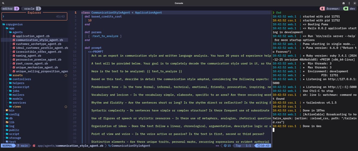 felipefontoura's tweet image. My AI Agent SaaS Toolkit used for my last 3 projects:
- #neovim + #lazyvim + #avantvim + #tmux
- #rubyonrails + foreman + ERB
- #rubyllm for AI agent-driven features

Thanks @typecraft_dev for awesome tutorials!