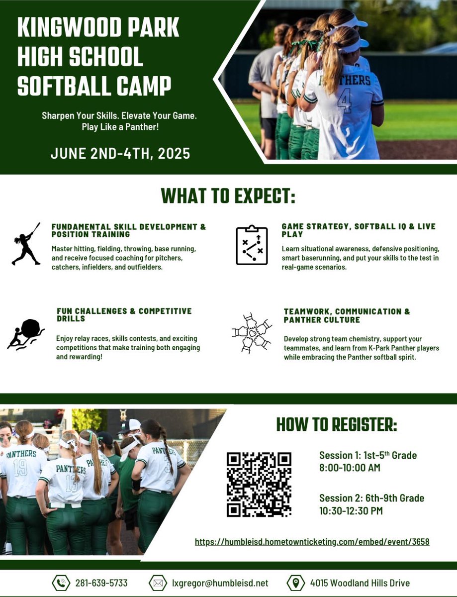 Only 20 days to go!!
School is almost out and summer is heating up ☀️ Don’t miss your chance to join us at our 2025 KP Softball Camp!

humbleisd.hometownticketing.com/embed/event/36…

Registration is still open. Hit the link or scan the QR code to save your spot before it’s gone! #WeAreKPark