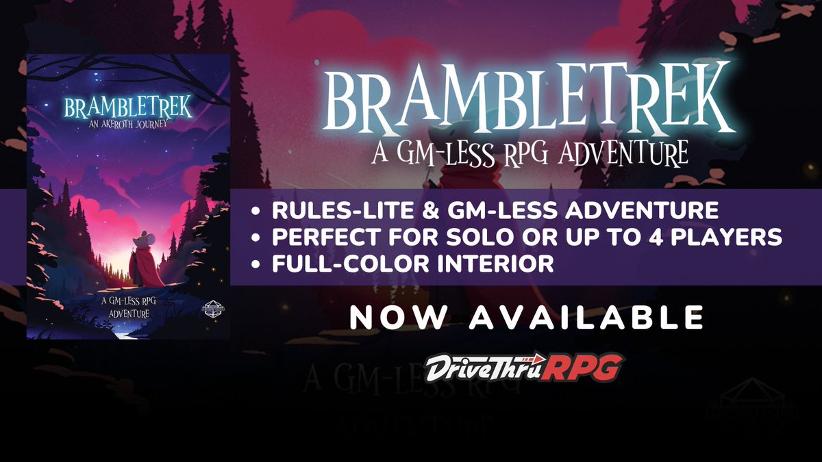DriveThruRPG (@drivethrurpg) on Twitter photo Brambletrek - A GM-Less Journalling RPG is available now from <a href="/CrossedPathsRPG/">Crossed Paths</a>
Get it here: tinyurl.com/mtdcr7n6
The world of Akeroth is a tapestry of vibrant landscapes, from the ancient forests of Hyhill to the towering mountains of Star Peaks. #ttrpgs Brambletrek - A GM-Less Journalling RPG is available now from <a href="/CrossedPathsRPG/">Crossed Paths</a>
Get it here: tinyurl.com/mtdcr7n6
The world of Akeroth is a tapestry of vibrant landscapes, from the ancient forests of Hyhill to the towering mountains of Star Peaks. #ttrpgs