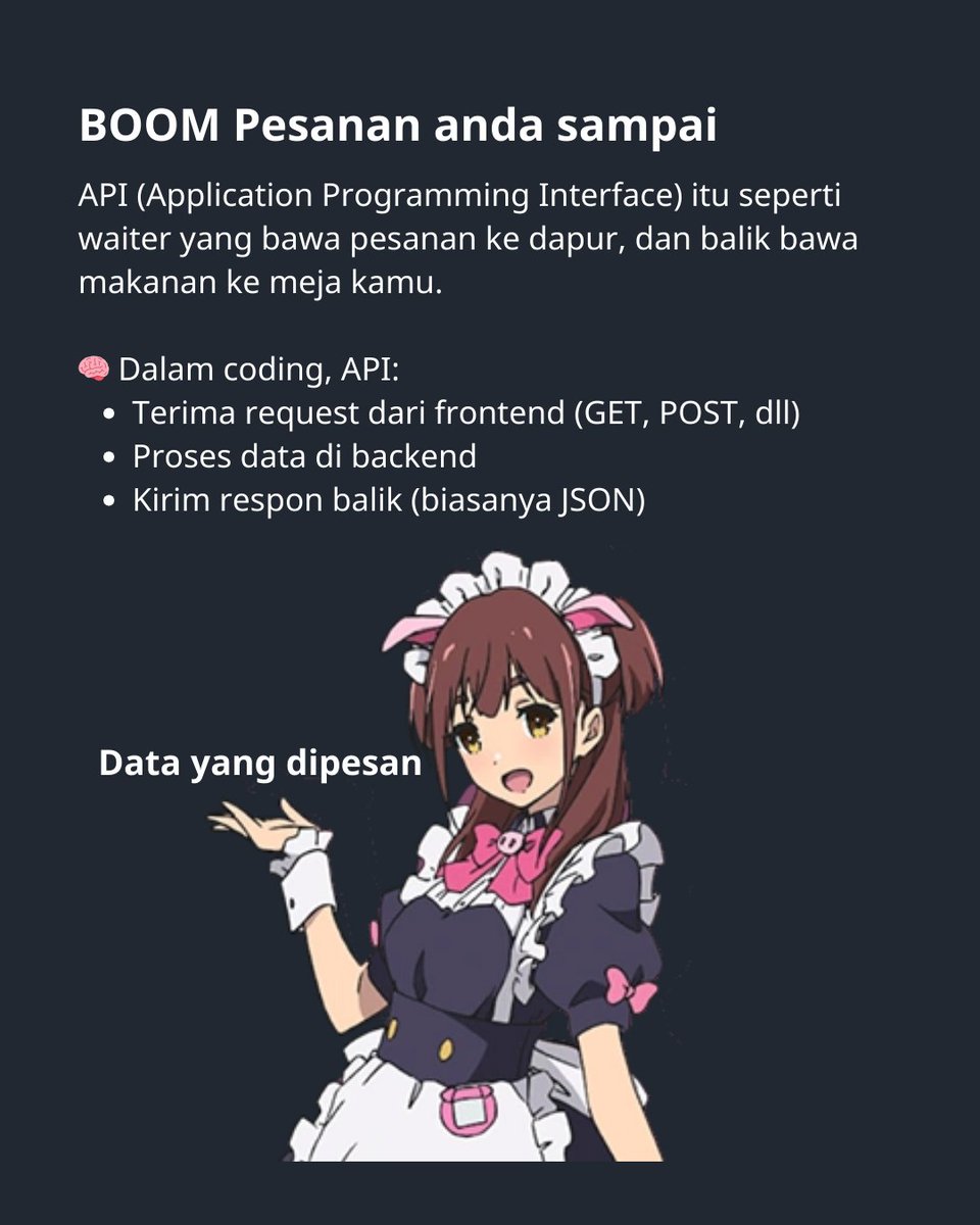 mfathinhalim's tweet image. Waiter, API, dan Kode?
Ngoding tuh kadang kayak makan di restoran.
Kamu (frontend) nggak langsung ke dapur (backend), tapi pakai waiter buat nyampein pesanan.
Nah, waiter-nya? Itulah API!
#webdevelopment #belajarcoding #frontend #backend #API #javascript #ngoding